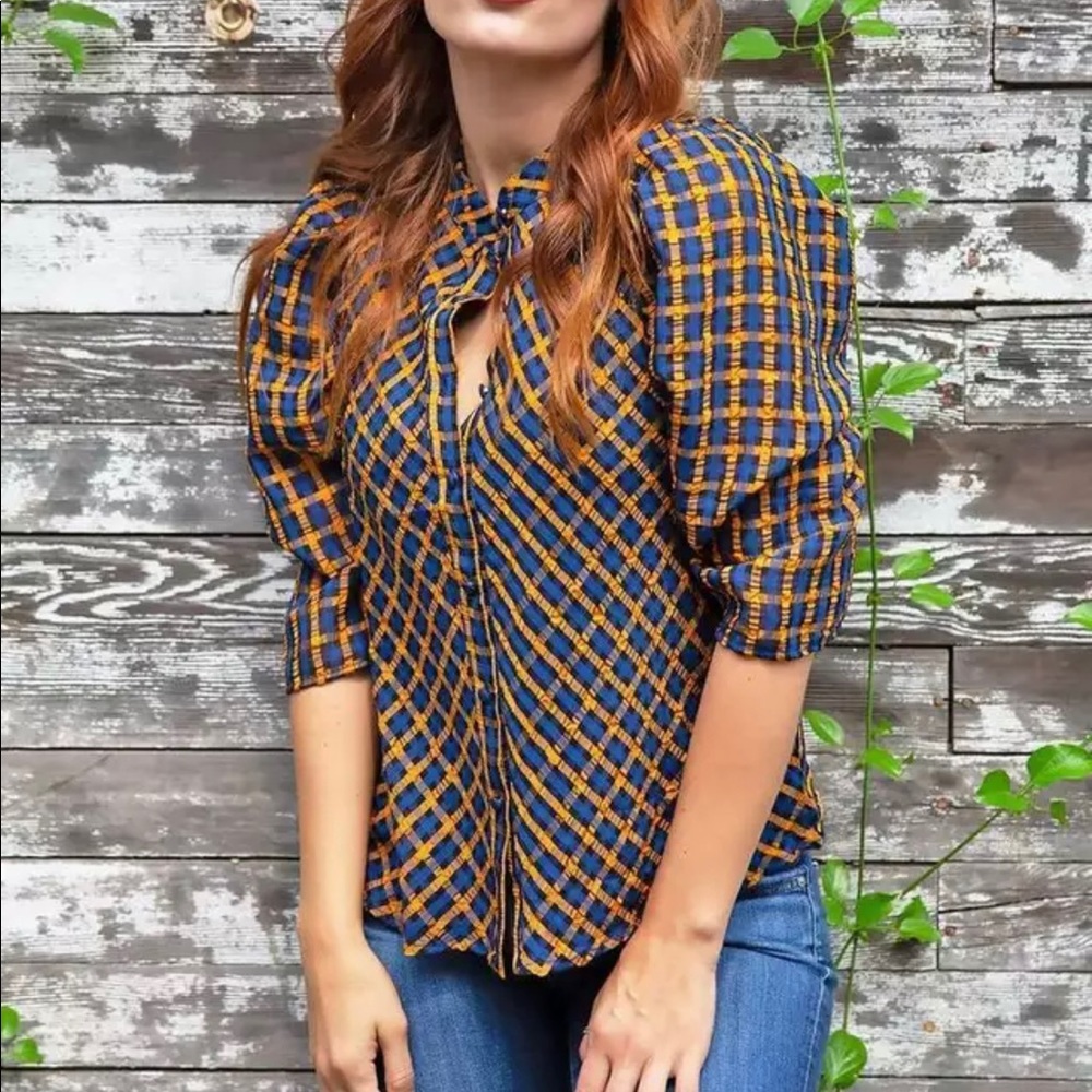 Women’s Navy and Mustard Plaid Button-Up Top